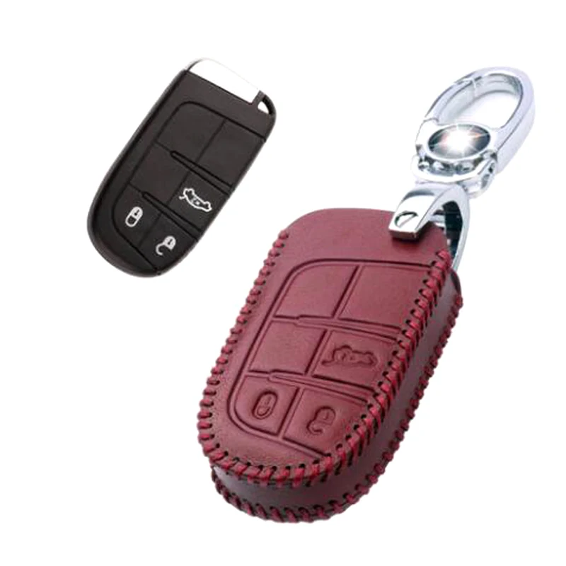 

Genuine PU Leather 3 Button Remote Key Bag Case Fob Holder Chain For Dodge Series B Style