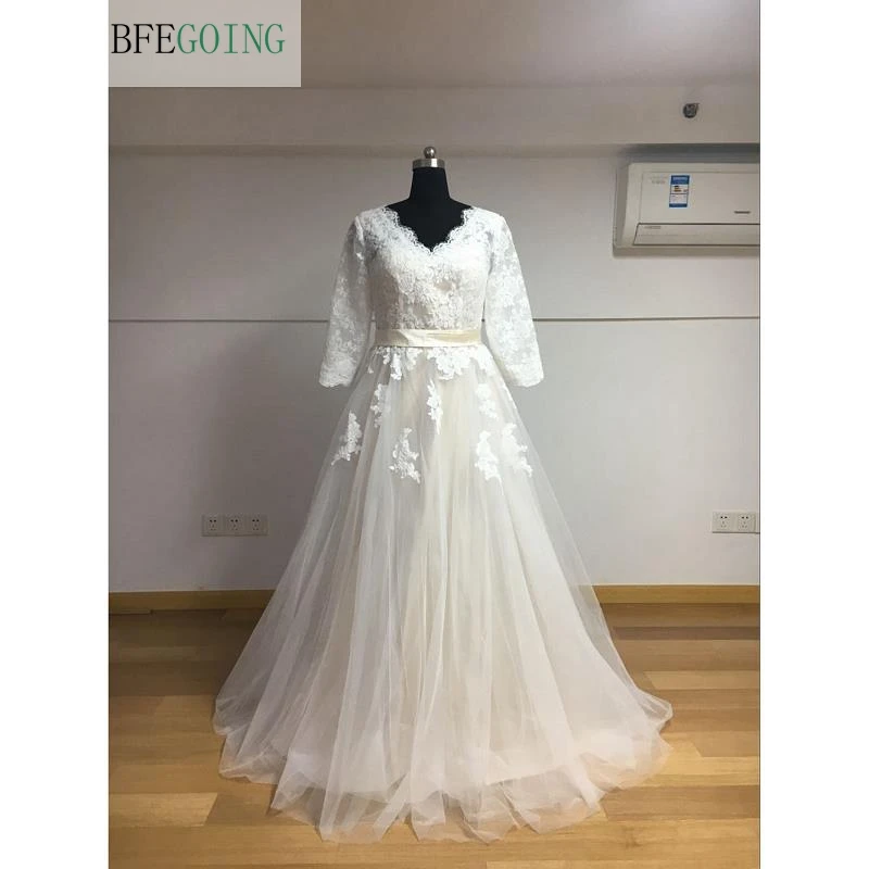 Ivory Lace Tulle Floor-Length V-Neck A-line Wedding dresses 3/4 Sleeves Bridal Gown Custom made | Свадьбы и торжества