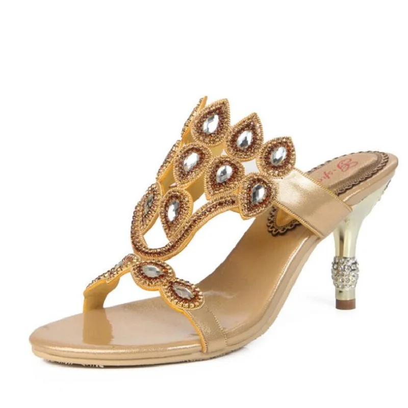 Женские шлепанцы из натуральной кожи с перьями павлина открытый носок Сланцы на