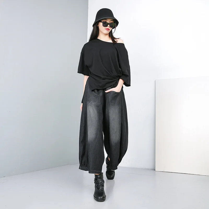 Женские джинсовые широкие брюки повседневные винтажные черные мытые с карманами