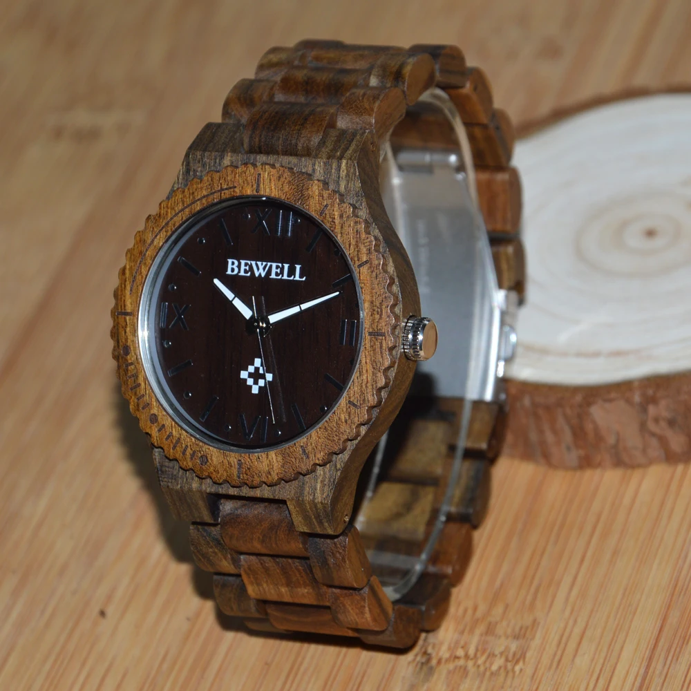 BEWELL деревянные Мужские кварцевые наручные часы с римскими цифрами светящиеся