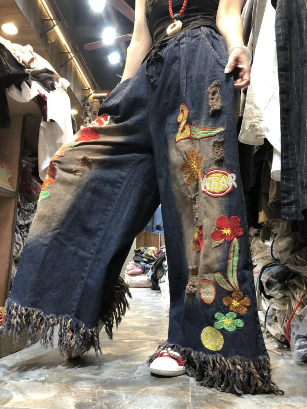 Бесплатная доставка широкие брюки с кисточками для женщин цветочные вышивкой