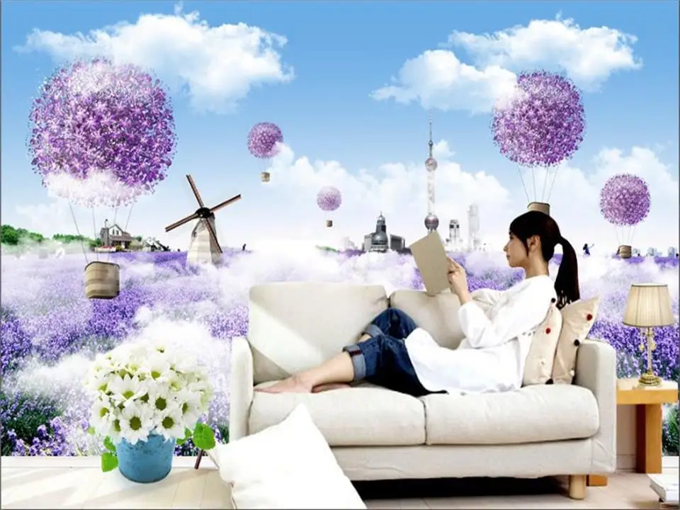 

Пользовательские 3D фото обои Гостиная роспись диван ТВ фон обои белые облака Лаванда пейзаж Картина обои домашний декор