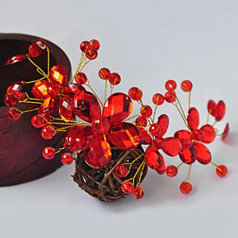 

New Design Chinese Red Crystal Flower Wedding Bridal Hair Clip Handmade Decorations In Hair Jewelry Accessories For Women