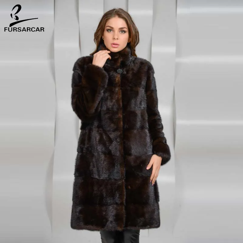 FURSARCAR/Новинка пальто из натурального меха норки с меховым воротником модная