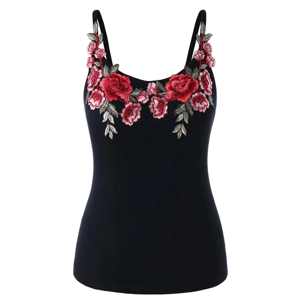 Майка VESTLINDA женская с вышивкой топ для фитнеса на бретелях спагетти черный цвет