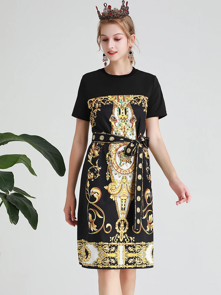 MoaaYina Fashion Designer Runway dress Spring Autumn Women Dress Short sleeve Diamond Sequin Print Lace-up Dresses