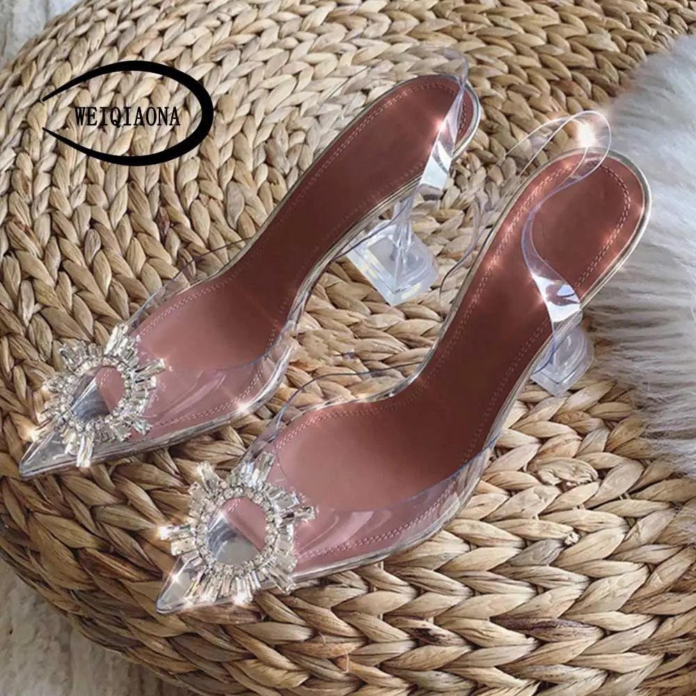Photo Color 9cm WEIQIAONA/пикантная женская обувь с острым носком и ремешком на щиколотке; модная обувь с украшением в виде кристаллов; грубая обувь на высоком каблуке; прозрачные женские свадебные босоножки на высоком каблуке - Цвет: Photo Color 9cm