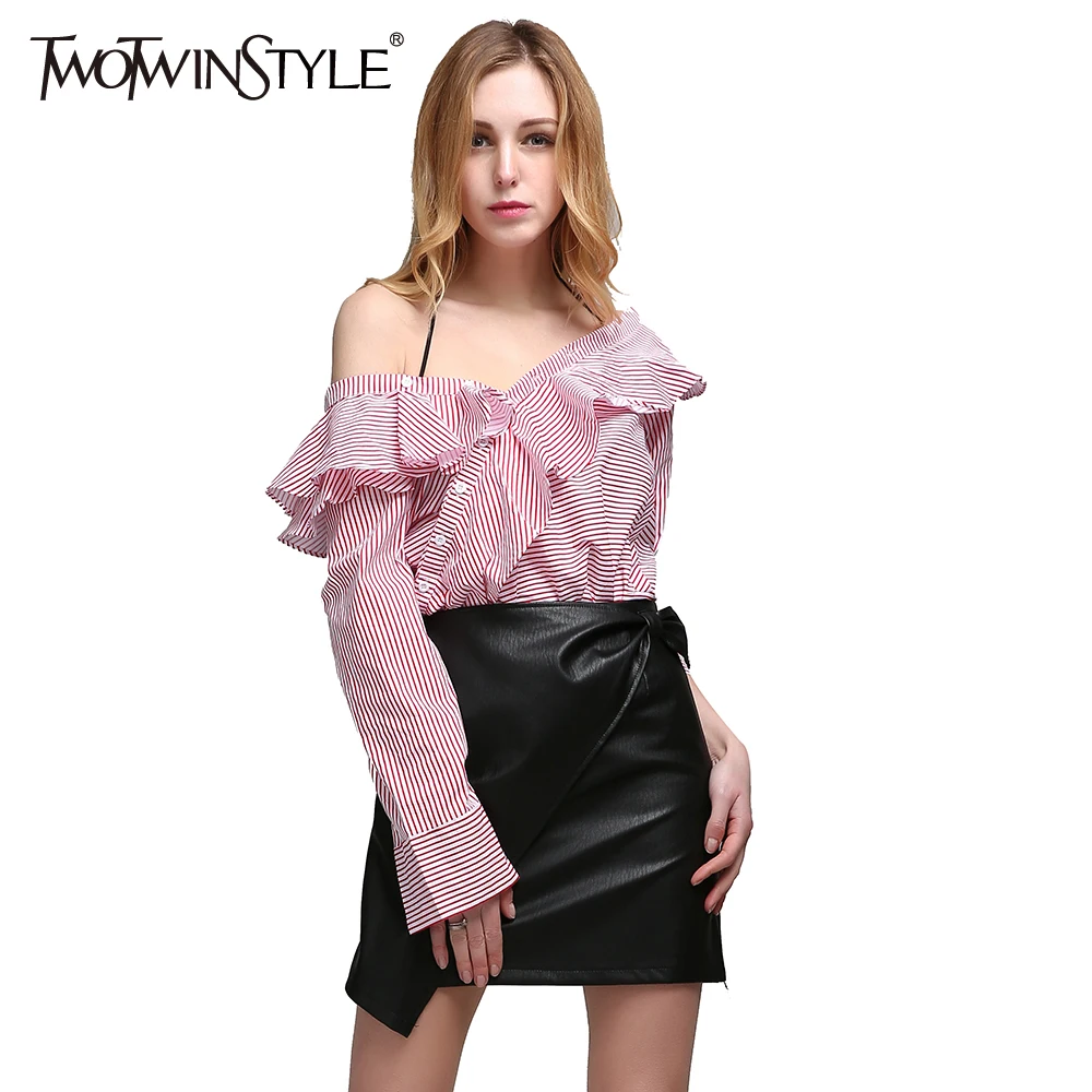 TWOTWINSTYLE, с открытыми плечами, Сексуальная рубашка, с оборками, в полоску, с длинным рукавом, женская блузка, топы, женская повседневная одежда, весна-лето