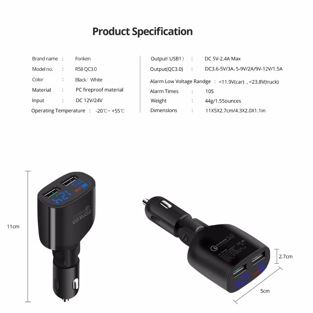 Автомобильное зарядное устройство FONKEN с двумя USB быстрая зарядка 3 0