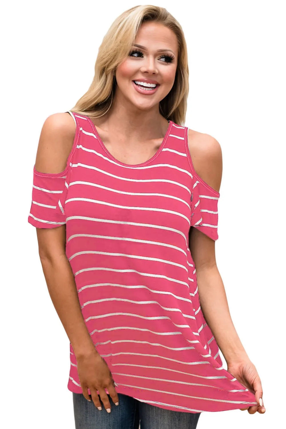 2018 New Arrival Summer Women's Casual Short Sleeve O-Neck White Black Stripe Cold Shoulder Top LGY250192 | Женская одежда