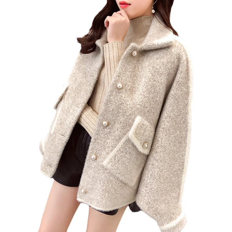 

Women Sweater Short Coat Autumn Winter New Loose Imitation velvet Thick Sweaters coats Womens Bat sleeve Warm Cardigan Tide F763