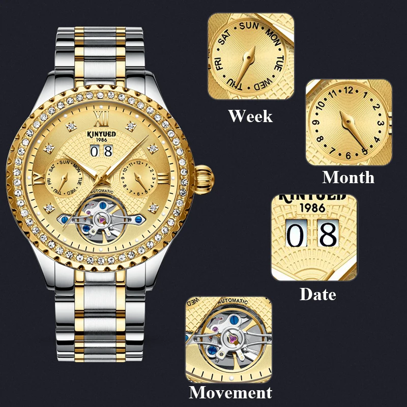 KINYUED платье Скелет Мужские часы Топ бренд Роскошные автоматические механические