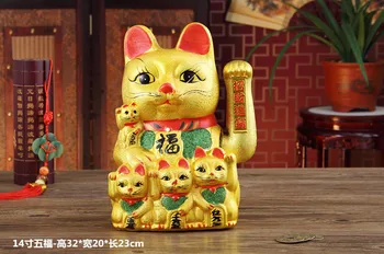 14 inch Ceramic electric fortune cat out golden five fortune cat shake hands opening gifts lucky Piggy bank bstatue home wedding