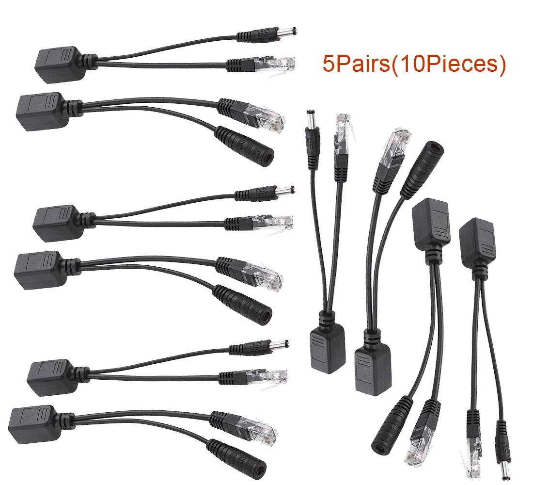 10pcs(5pairs) POE Adapter cable Connectors Passive Power cable Ethernet PoE Adapter RJ45 Injector + Splitter Kit   12V 24V 36V
