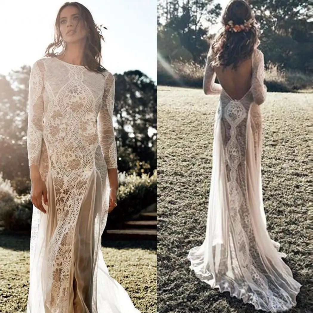 Женское белое кружевное платье, элегантное, Vestidos, сексуальное, с открытой спиной, с круглым вырезом, с длинным рукавом, вечерние, макси платье, летнее, тонкое, с разрезом по бокам, длинное платье