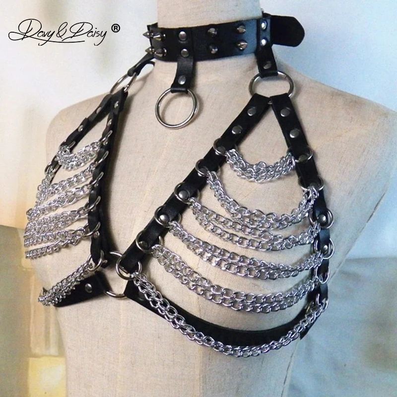 DAVYDAISY женские сексуальные кожаные панк-бра чокер металлическая цепочка открытый Бюст Топы с ремешками пояс-бандаж женский ночной клуб сексуальное белье BR512