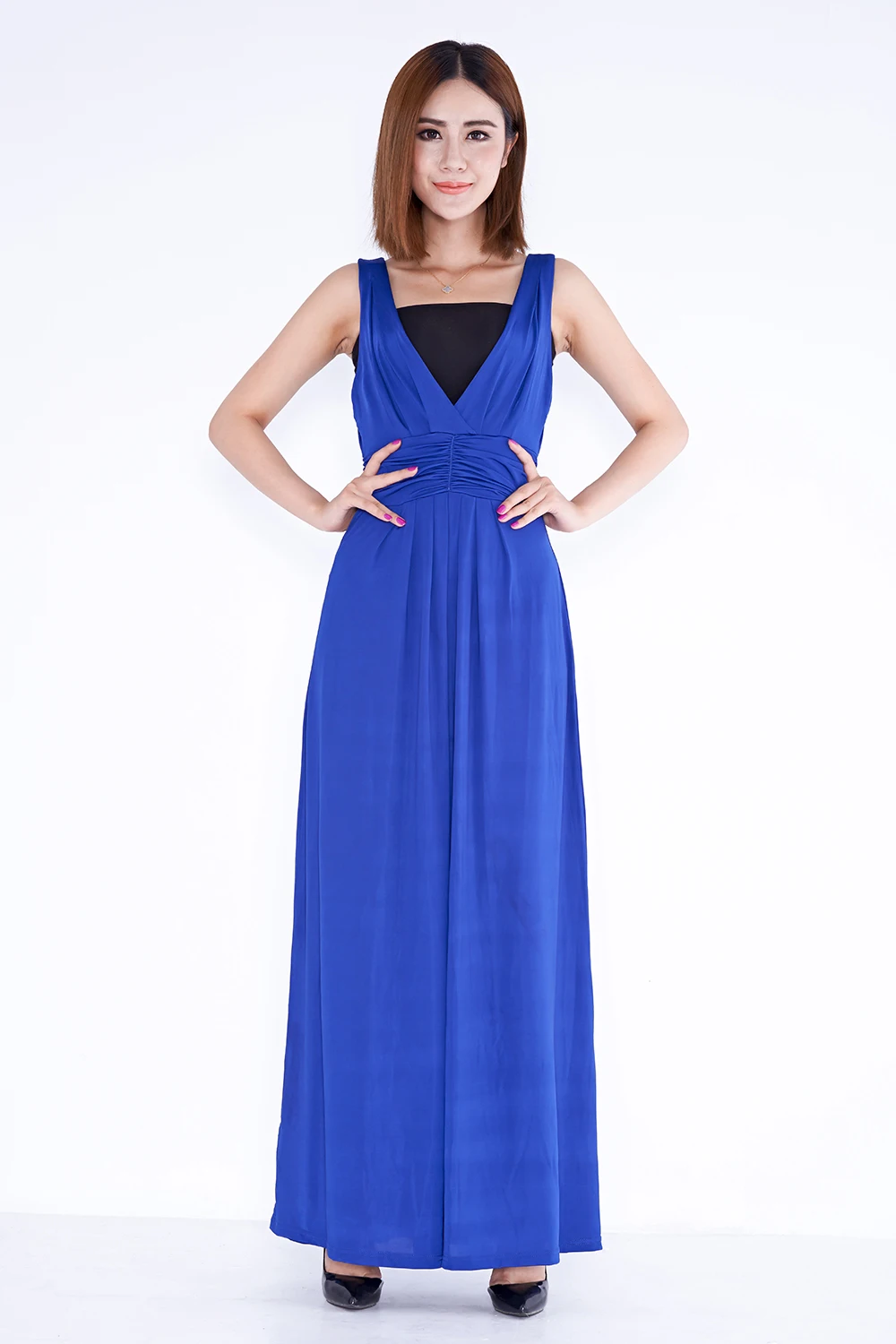 Женское длинное платье с V образным вырезом оранжевое синее черное большого