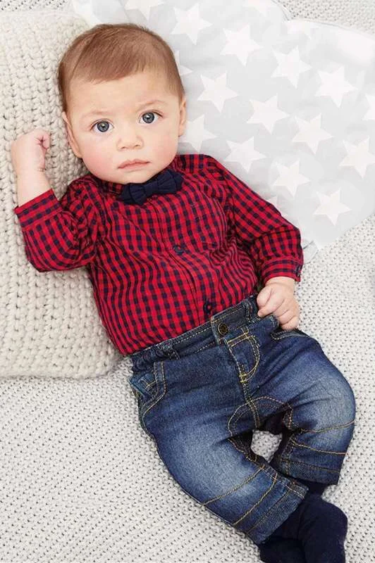 gentleman baby boys clothes fashion clothing set shirt rompers with tie+jeans | Тематическая одежда и униформа
