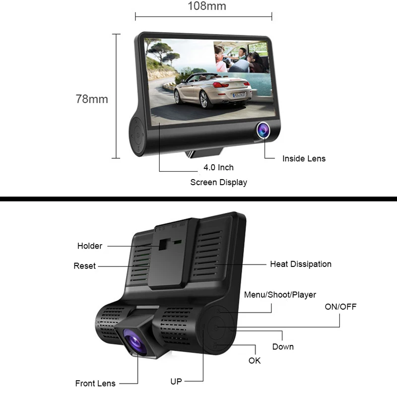 Автомобильный видеорегистратор скрытый с тремя записями HD 4 дюймовый
