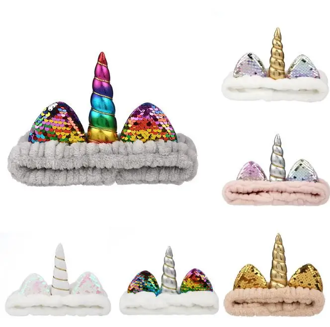 

1pcs Fashion Unicorn Sequins Women Headband Coral Fleece wash headband Girl Teenager Headband Makeup Shower Head Wrap with Gift