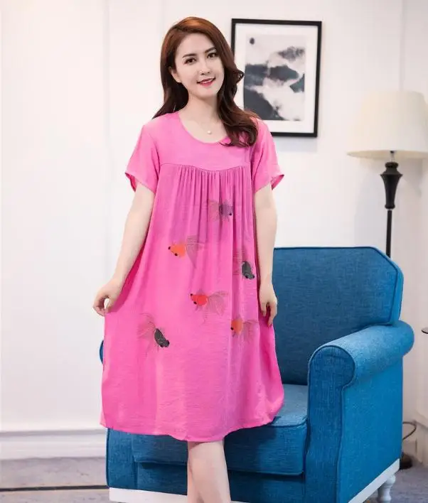 rose red 2 Летние новые женские пижамы с круглым вырезом удобные с короткими рукавами ночная рубашка Свободные хлопчатобумажные рубашки пижамы плюс размер - Цвет: rose red 2