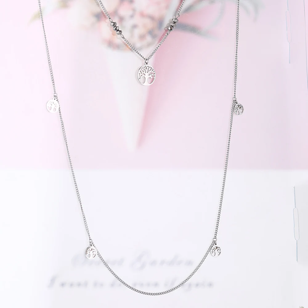 Stainless Steel Double Layer Long Chain Necklace For Women Fashion Tree of Life Charms Elegant Party Trendy Jewelry New | Украшения и