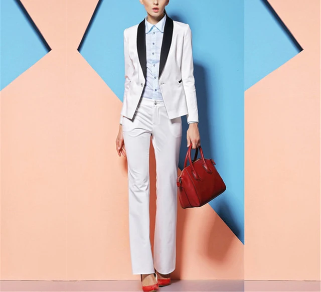 

White Formal Shawl Lapel One Button Women's High Quality Office Work Suits Fashion Women Slim Fit Business Prom 2 Pieces Suits