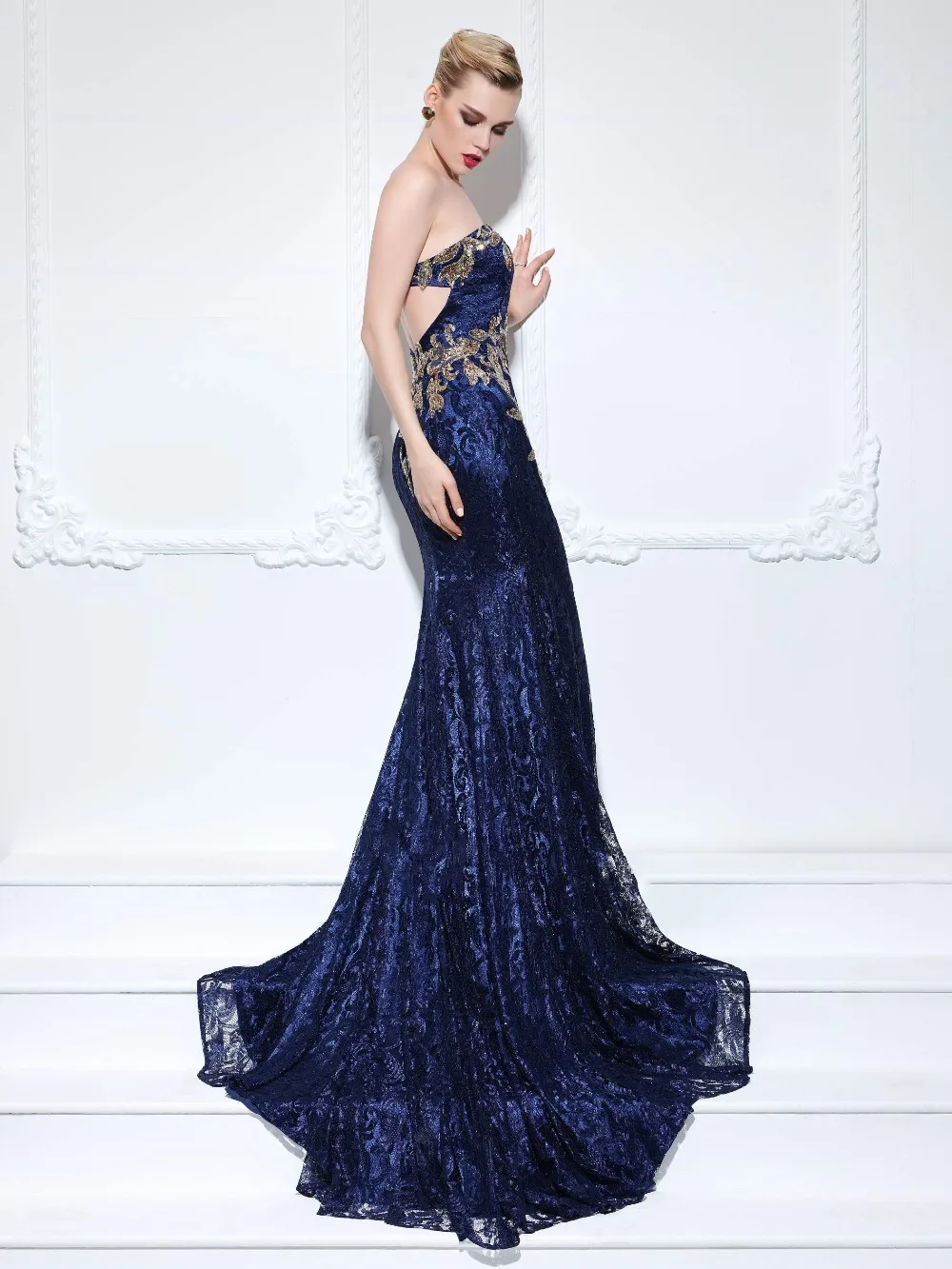 Темно-Синий Русалка Вечерние Платья 2017 Люкс Кружева Аппликация Hollow Вернуться