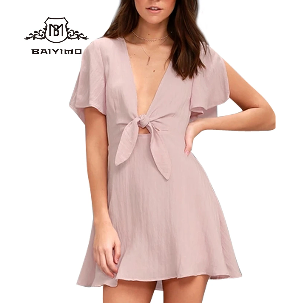 2018 Deep V Neck Short Flare Sleeve Bandage Sexy Club Party Casual Dress Lady Summer Beach Mini Dresses Vestidos Free Shipping | Женская
