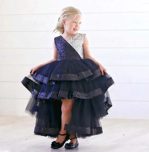 Sparkly High low Bling silver and black sequins V-neck flower girl dress tired toddler baby birthday party evening gown with bow | Детская