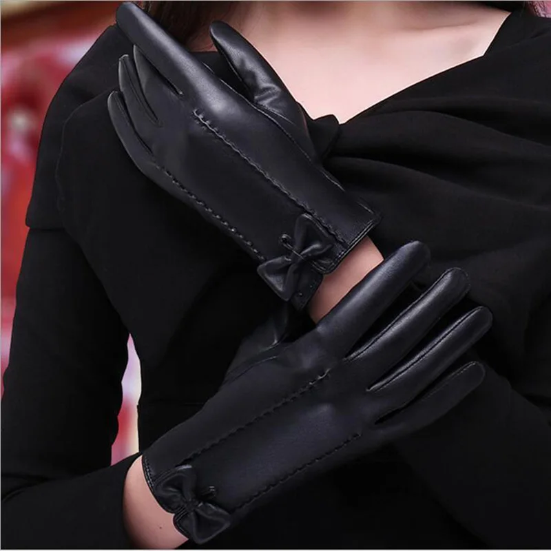 Модные зимние женские перчатки из искусственной кожи с черным бантом для сенсорных экранов утолщенные теплые ветрозащитные перчатки с пальцами для вождения варежки G123