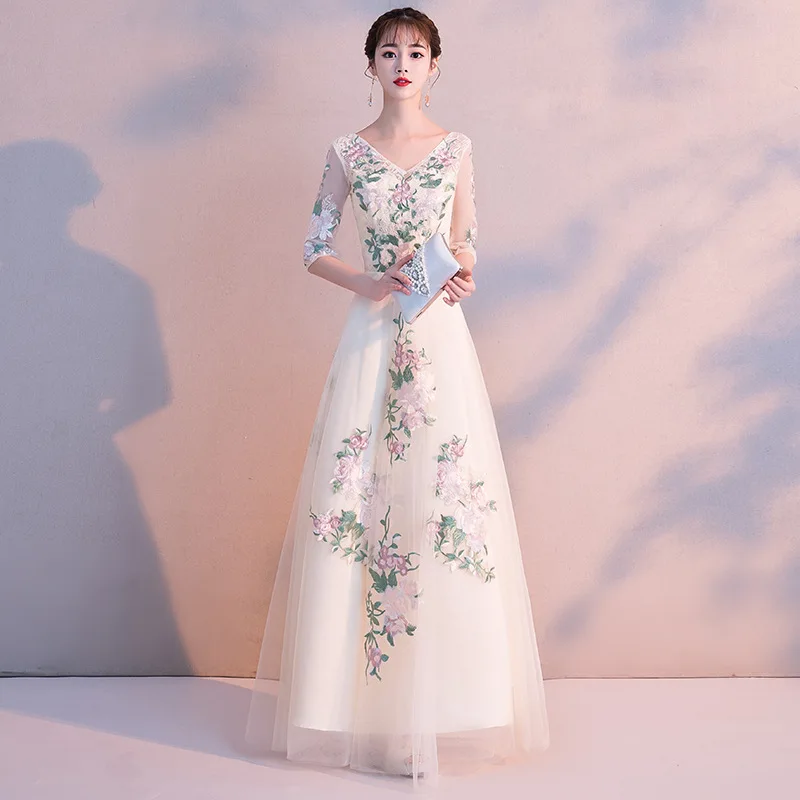 Длинное азиатское платье цвета шампанского с v-образным вырезом Vestidos брюки-Чино