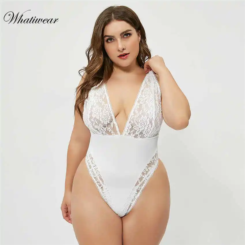 Whatiwear Плюс Размер без спинки, Кружевное боди, прозрачное Женское боди, горячее сексуальное боди, женские комбинезоны с глубоким v-образным вырезом, натуральные боди - Цвет: White