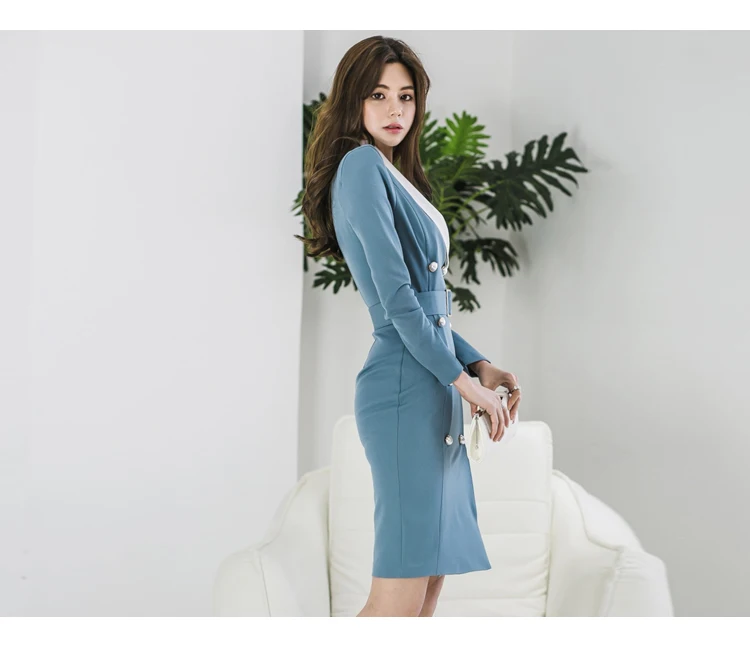 H Han queen Весна OL бизнес Vestidos женское двубортное облегающее платье карандаш с поясом на талии одежда для работы платья