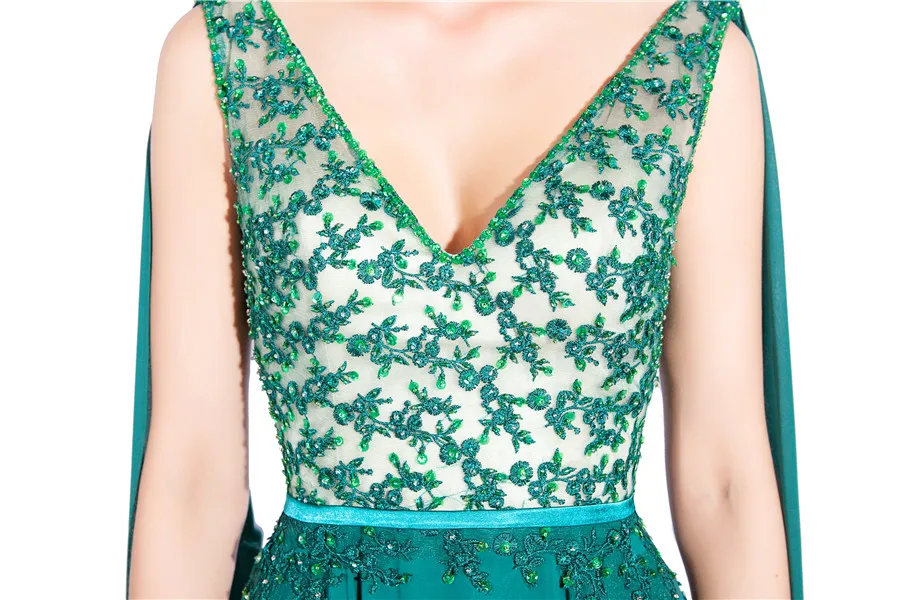 chiffon applique beading v-neck green long evening dress with straps formal party vestidolongo | Свадьбы и торжества