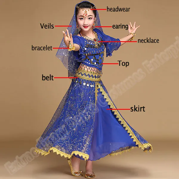 Royal blue-8pcs Болливуд танцевальные костюмы набор детей Индийский танец живота девушки представление(головные уборы вуаль Топ Пояс юбка ожерелье серьги - Цвет: Royal blue-8pcs