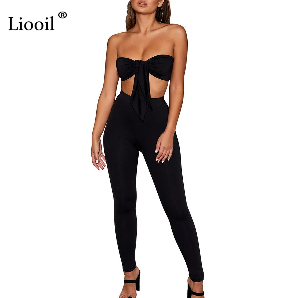 Liooil/комплект из 2 предметов без бретелек, женская одежда, сексуальные Клубные наряды, комплект из двух предметов, топ и штаны, черно-белый спортивный костюм, комплект в комплекте