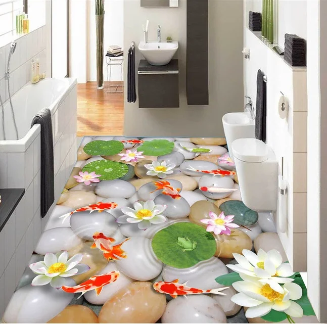 

3 d pvc flooring custom wall wticker 3d bathroom flooring 3d Lotus carp pebbles painting photo wallpaper for walls 3d