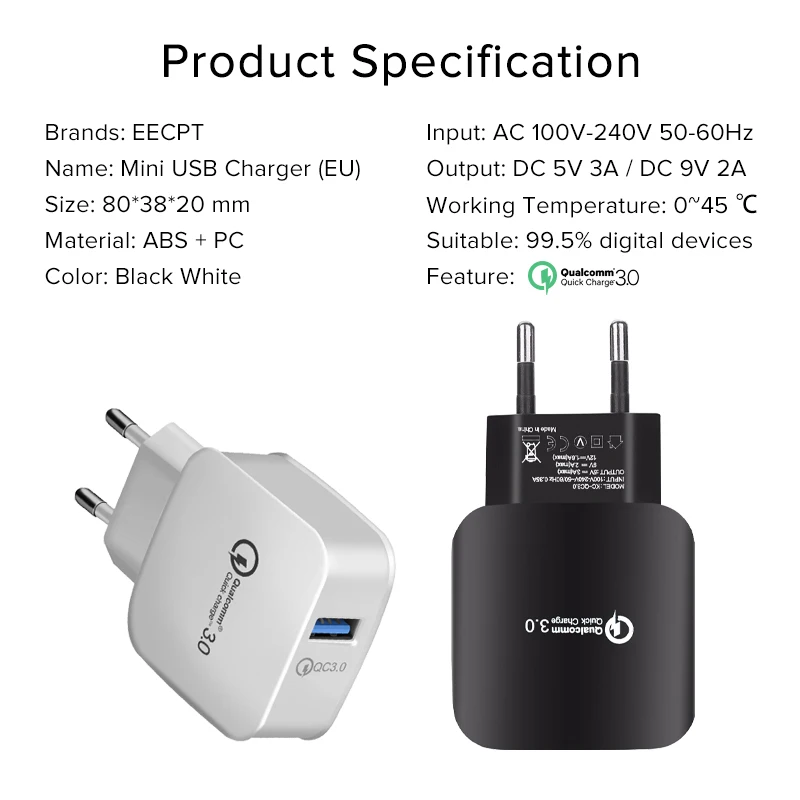 Eecpt Quick Charge 3,0 USB Зарядное устройство 5V 3A адаптер питания для быстрой зарядки для iPhone X samsung Xiaomi QC3.0 дорожный настенный телефон Зарядное устройство