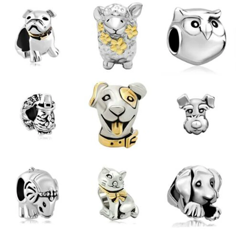 

Dog cat owl animal charm beads fit Pandora charm bracelet female genuine DIY jewelry making