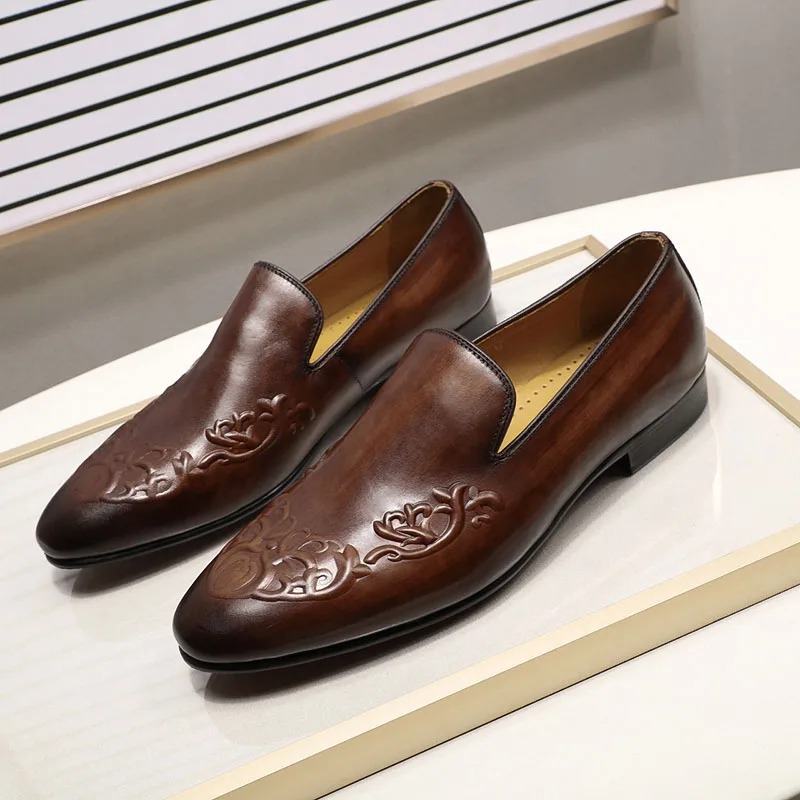 Autumn Luxury Mens Loafers For Wedding Party Street Fashion Brown Genuine Real Leather Slip On Men Dress Shoes Formal Shoes