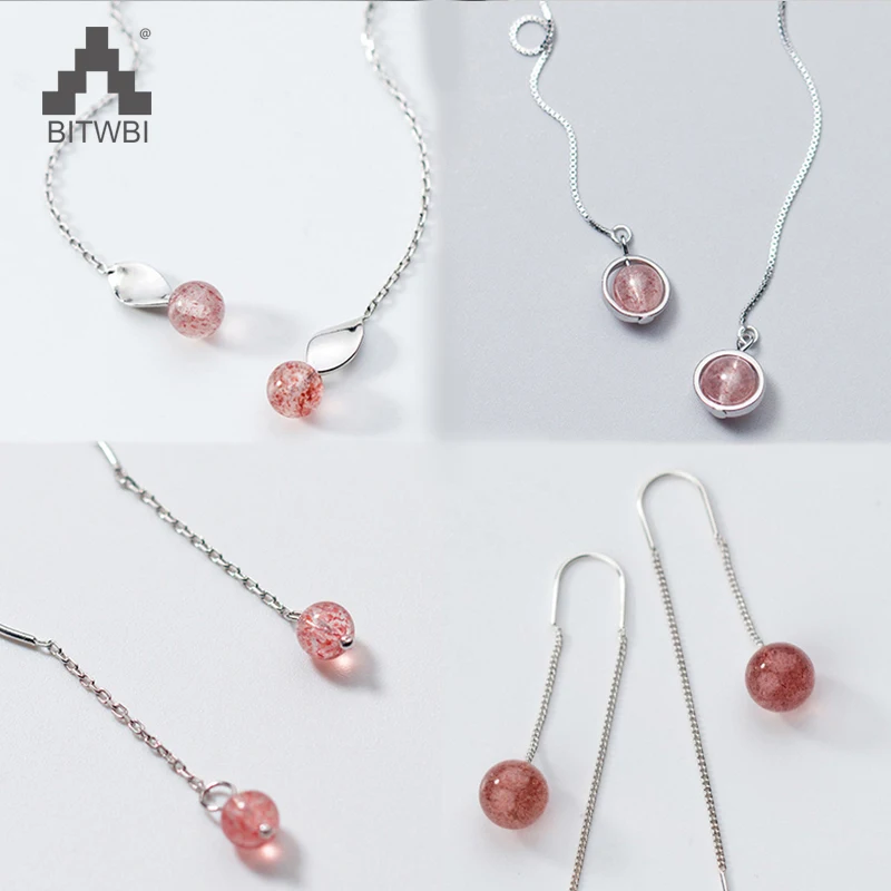 

New Hot Sale 925 Sterling Silver Natural Strawberry Crystal Cute Long Tassel Earrings For Women Fine Jewelry oorbellen