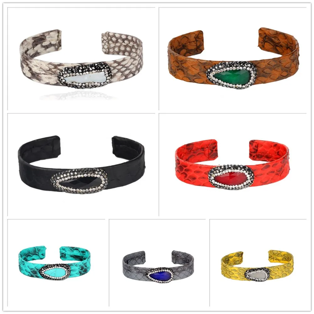 

Unique Freedom Style Natural Leather Wrap Pave Setting Rhinestone Gem Stone Pattern Punk Woman Bangle Facebook Instagram Seller