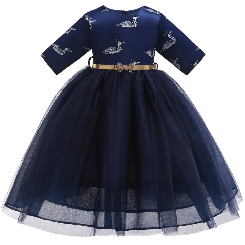 New Top Style Kids Dress For Girls spring Summer Girl's Mesh Wedding Party Swan Printed Midsleeve Clothes | Детская одежда и