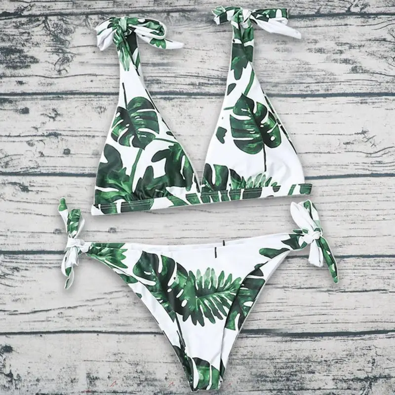 Женский комплект бикини с бантиком сексуальный цветочный принт купальник пуш ап|