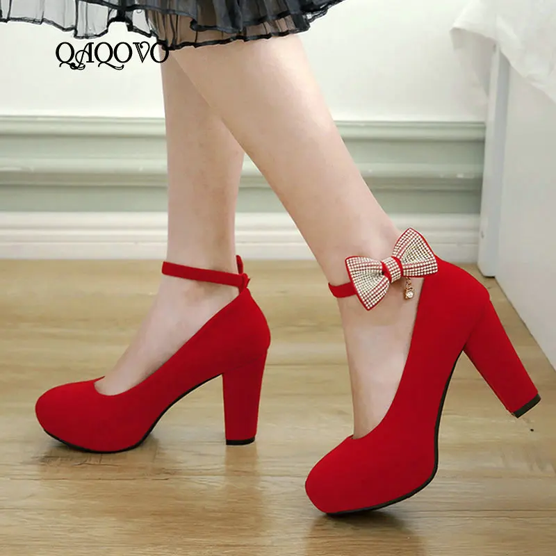 2019 New Female Flock Platform High Heels Bow Knot Square Pumps Buckle Spring Autumn Shoes Blue Red Black | Обувь