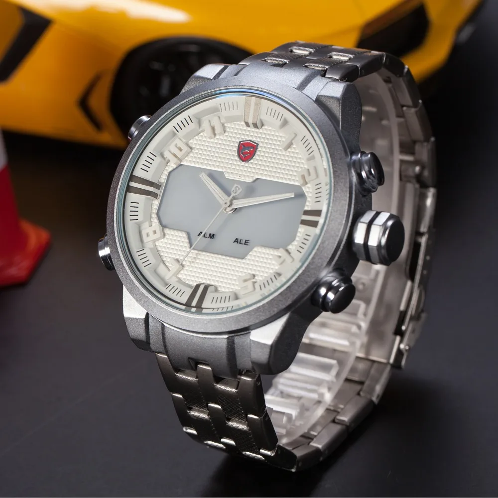 Sawback Angel SHARK спортивные часы с двойным циферблатом, цифровой светодиодный, с датой, стальные Мужские кварцевые часы/SH197202