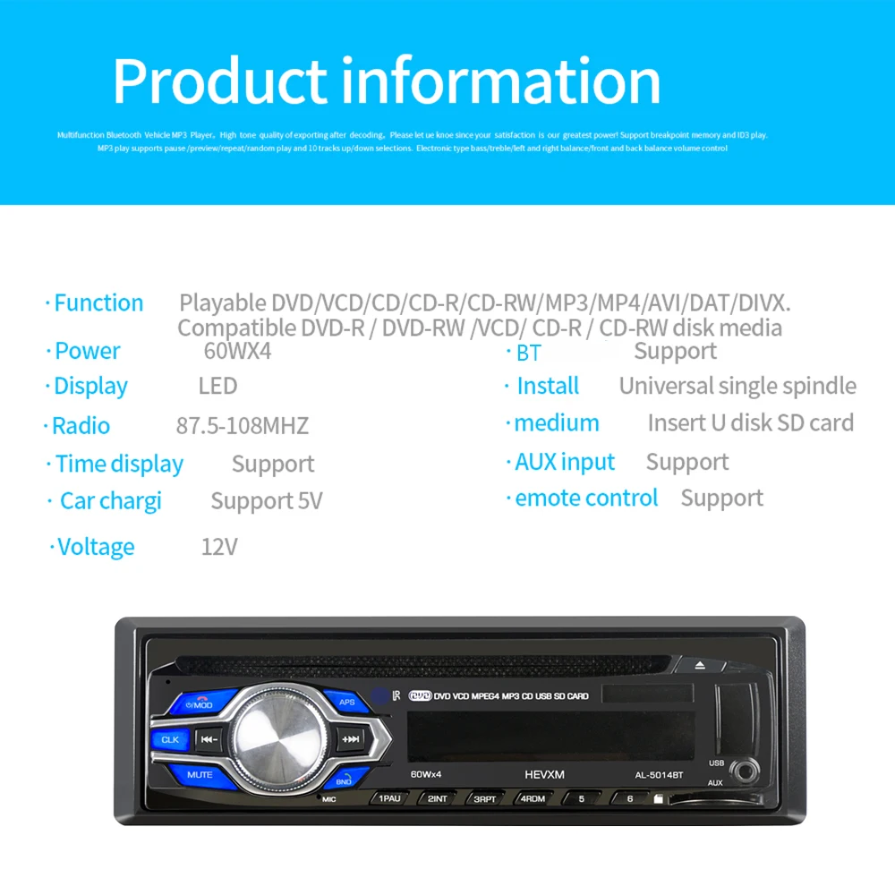 1 Din 12 в автомобильный DVD CD плеер автомобиля MP3 стерео автомобиля Handfree Авторадио BT аудио радио 5014 автомобиль-Стайлинг беспроводной пульт дистанционного управления
