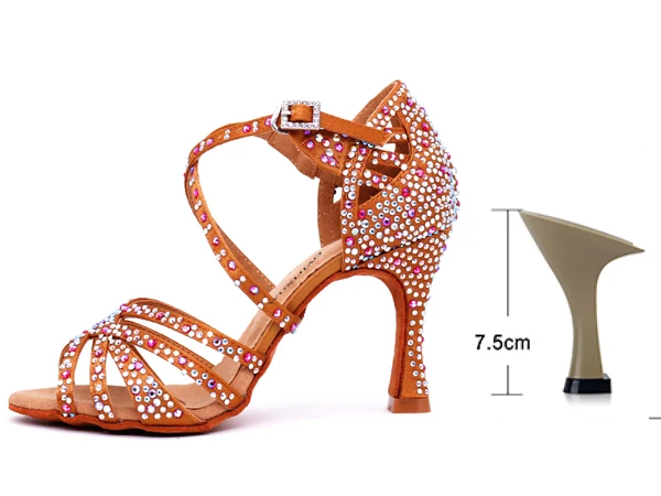 bronze heel 7.5cm WUXIJIAO/женские вечерние туфли для сальсы и бальных танцев; туфли для латинских танцев; большие и маленькие стразы; блестящая бронзовая кожа; черный атлас; Каблук 9 см - Цвет: bronze heel 7.5cm